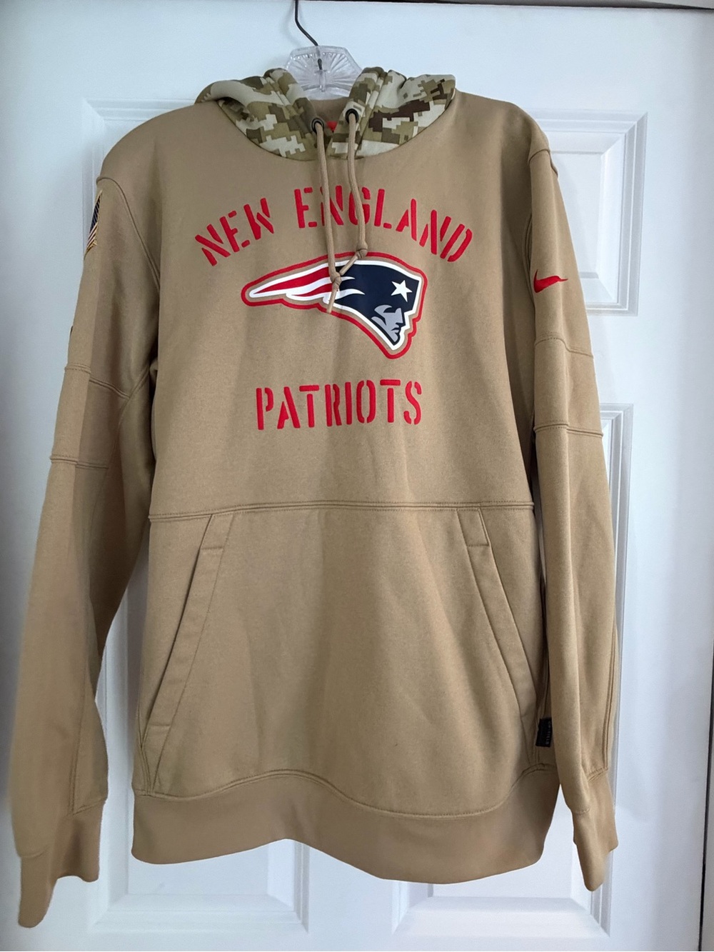 Nike New England Patriots Tan Pullover Hoodie with camo hood